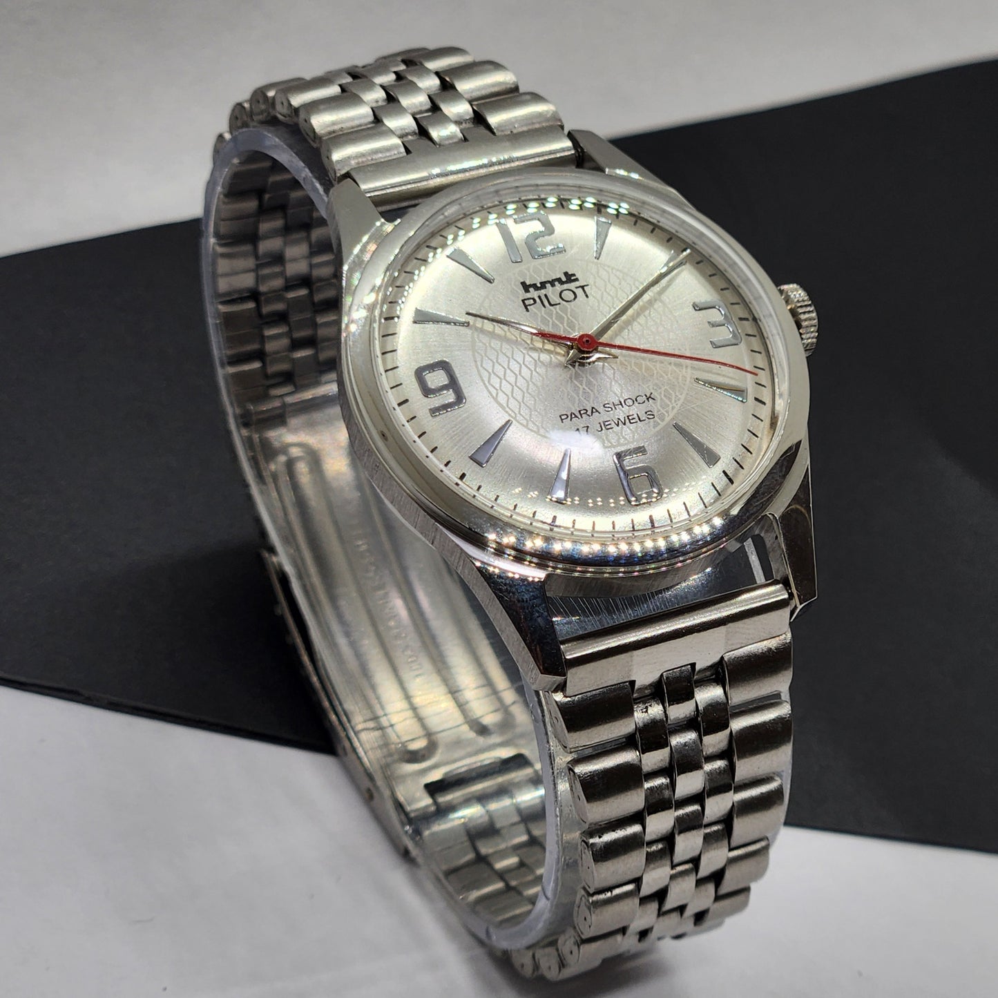 Vintage HMT Pilot Hand Winding 17 Jewels Silver Face Jubilee Bracelet Men's Wrist Watch F54