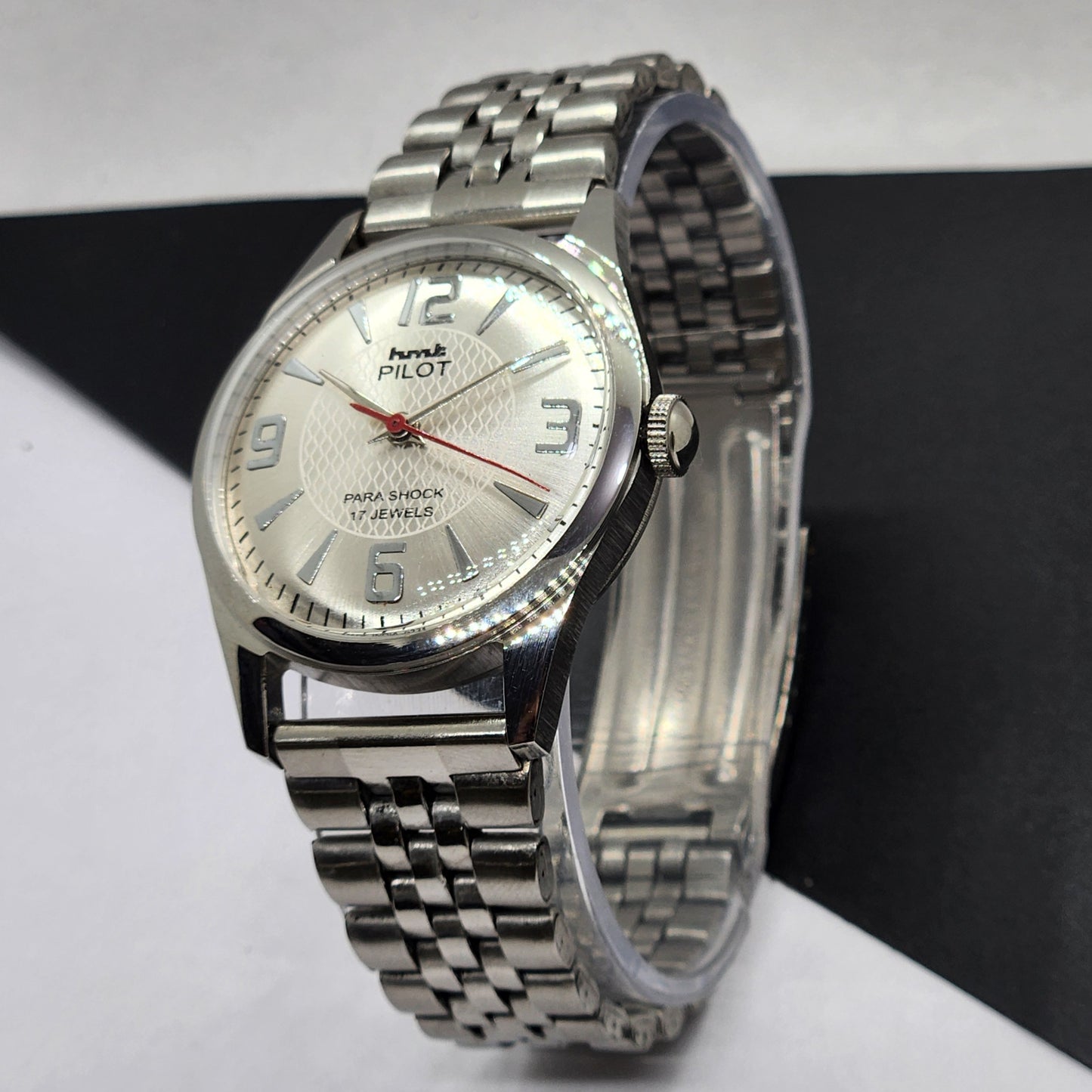 Vintage HMT Pilot Hand Winding 17 Jewels Silver Face Jubilee Bracelet Men's Wrist Watch F54
