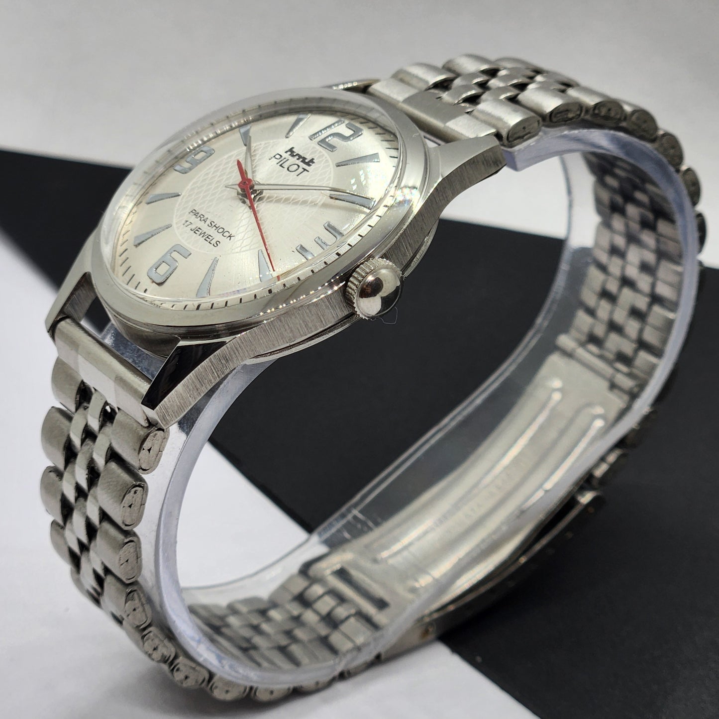 Vintage HMT Pilot Hand Winding 17 Jewels Silver Face Jubilee Bracelet Men's Wrist Watch F54
