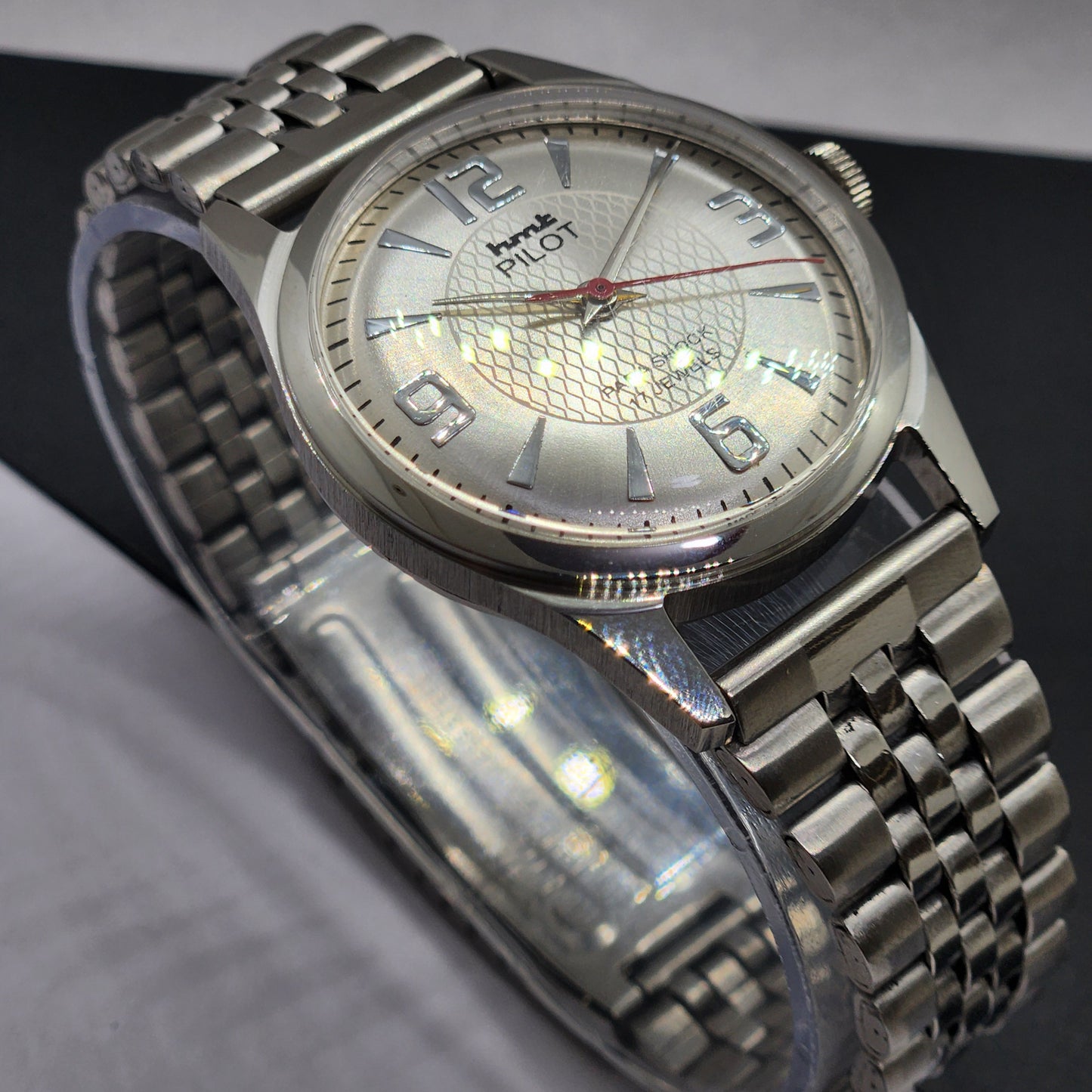 Vintage HMT Pilot Hand Winding 17 Jewels Silver Face Jubilee Bracelet Men's Wrist Watch F54