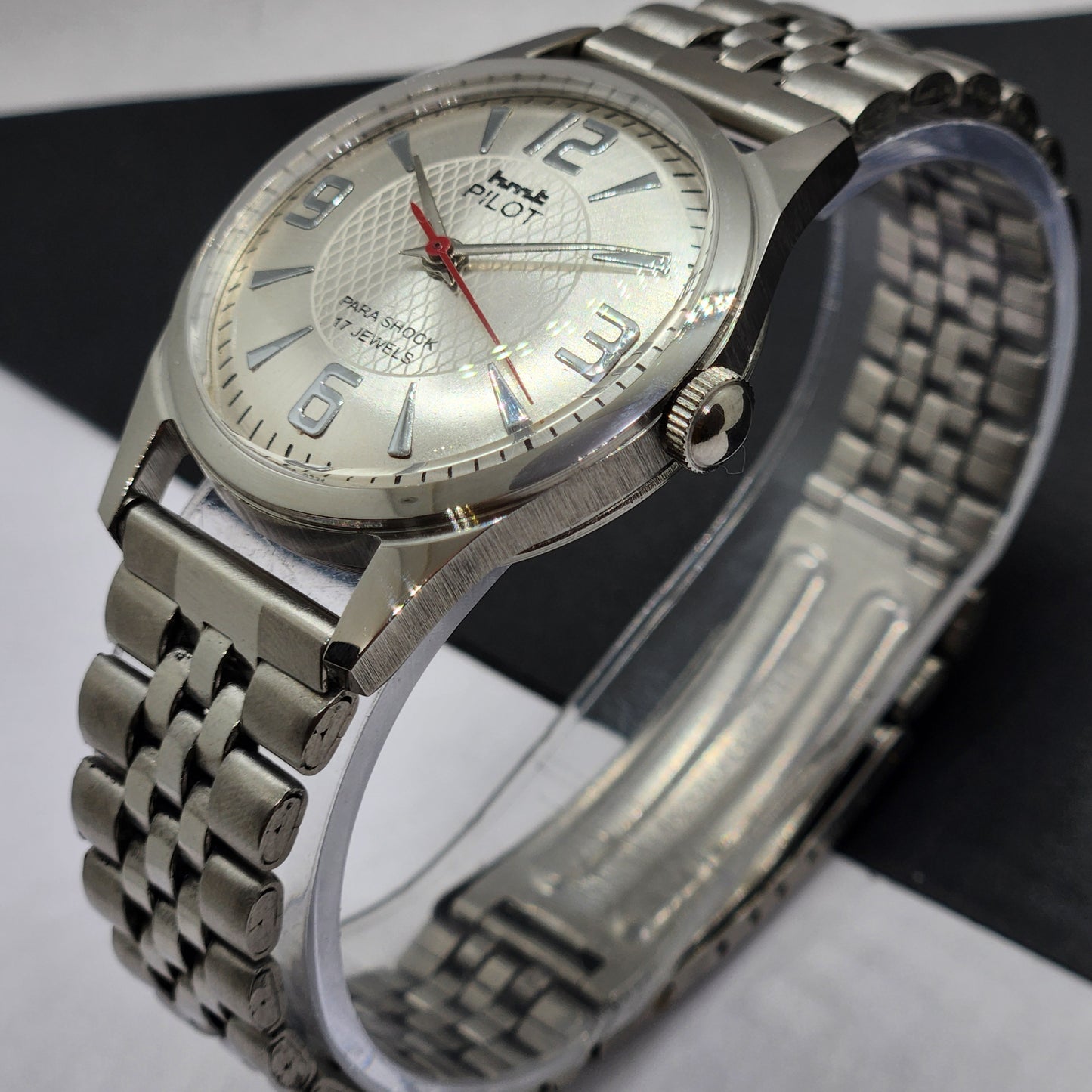 Vintage HMT Pilot Hand Winding 17 Jewels Silver Face Jubilee Bracelet Men's Wrist Watch F54