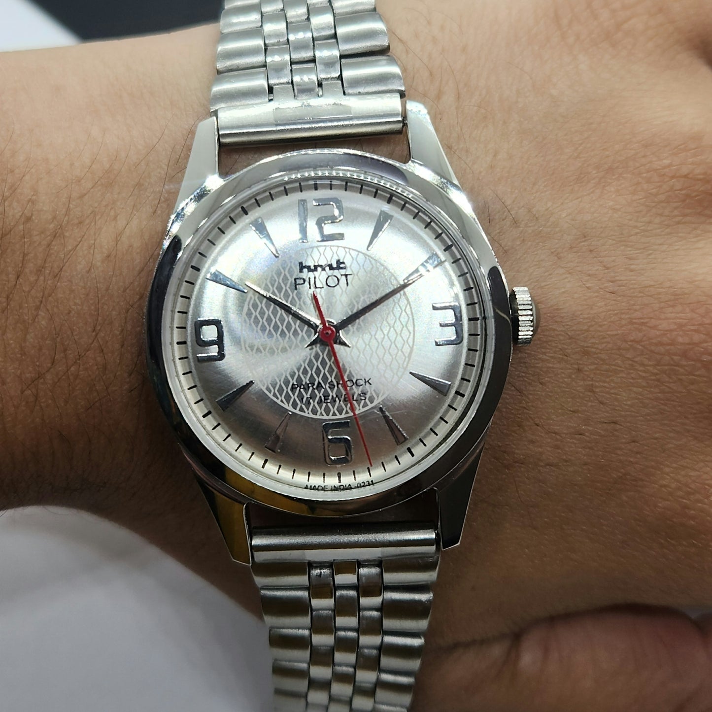 Vintage HMT Pilot Hand Winding 17 Jewels Silver Face Jubilee Bracelet Men's Wrist Watch F54