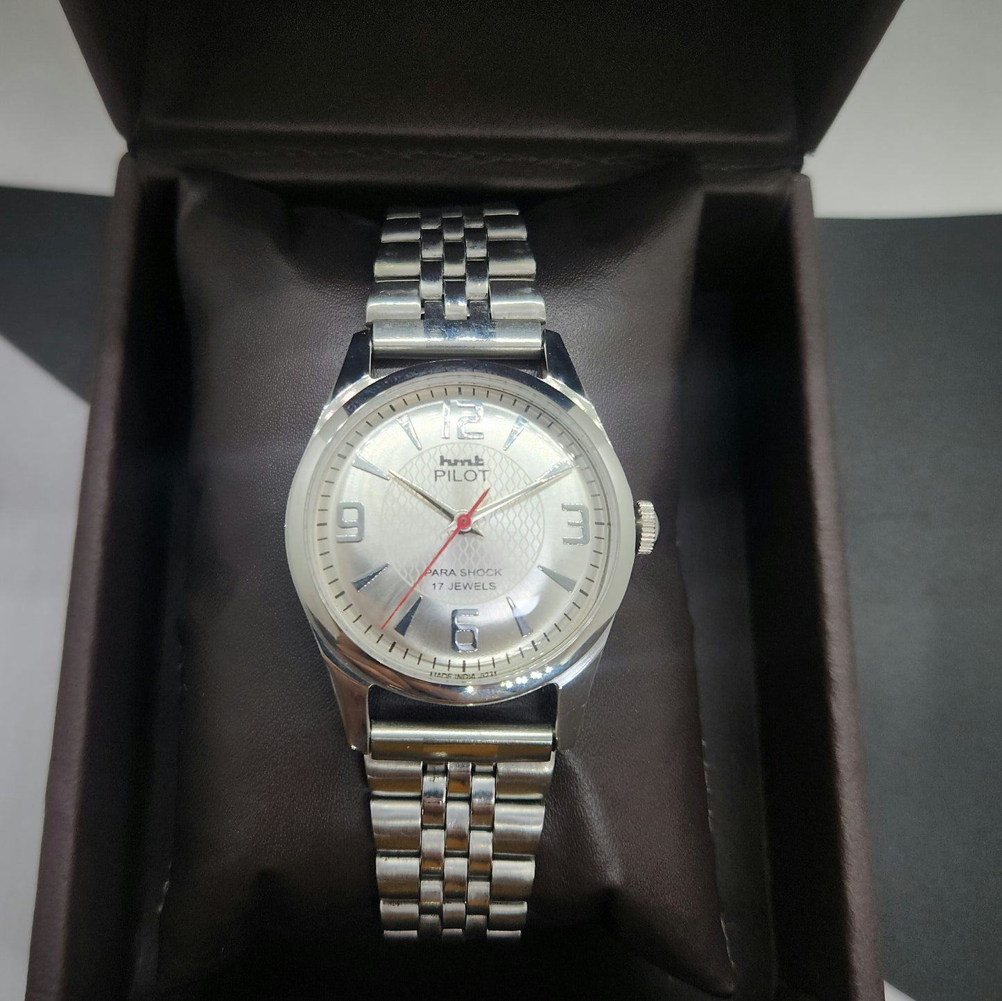 Vintage HMT Pilot Hand Winding 17 Jewels Silver Face Jubilee Bracelet Men's Wrist Watch F54