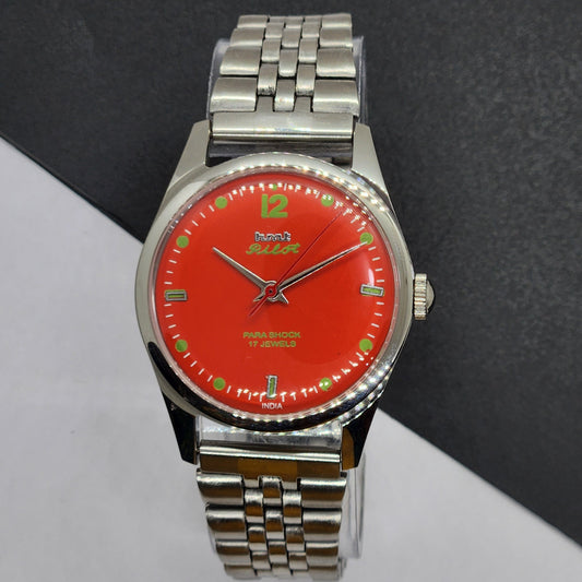 Vintage HMT Pilot Hand Winding 17 Jewels Orange Face Jubilee Bracelet Men's Wrist Watch F55