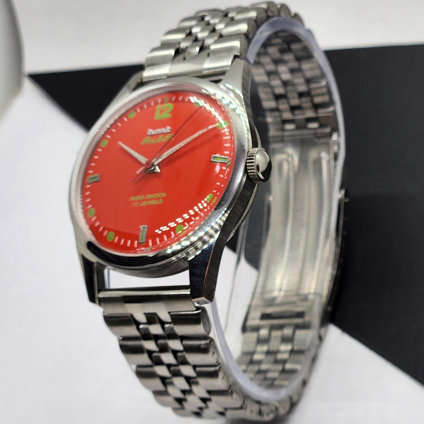 Vintage HMT Pilot Hand Winding 17 Jewels Orange Face Jubilee Bracelet Men's Wrist Watch F55