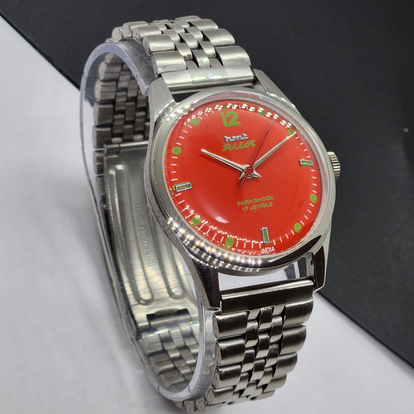 Vintage HMT Pilot Hand Winding 17 Jewels Orange Face Jubilee Bracelet Men's Wrist Watch F55