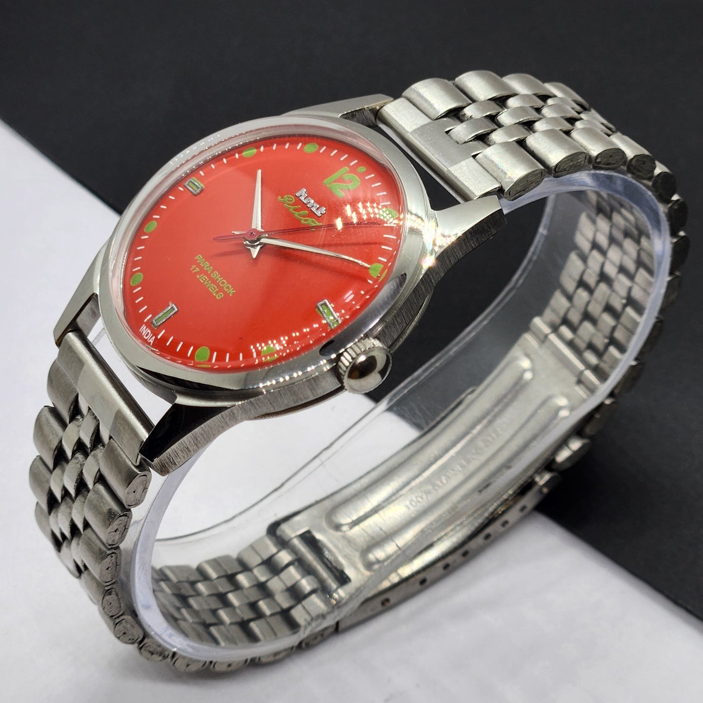 Vintage HMT Pilot Hand Winding 17 Jewels Orange Face Jubilee Bracelet Men's Wrist Watch F55