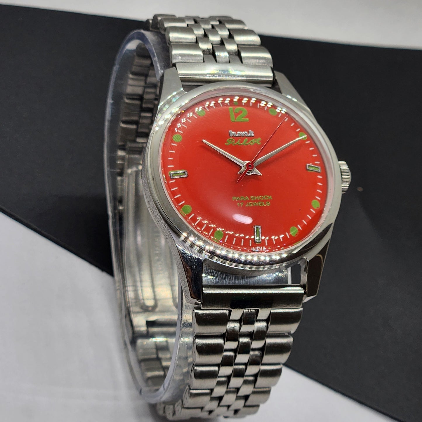 Vintage HMT Pilot Hand Winding 17 Jewels Orange Face Jubilee Bracelet Men's Wrist Watch F55