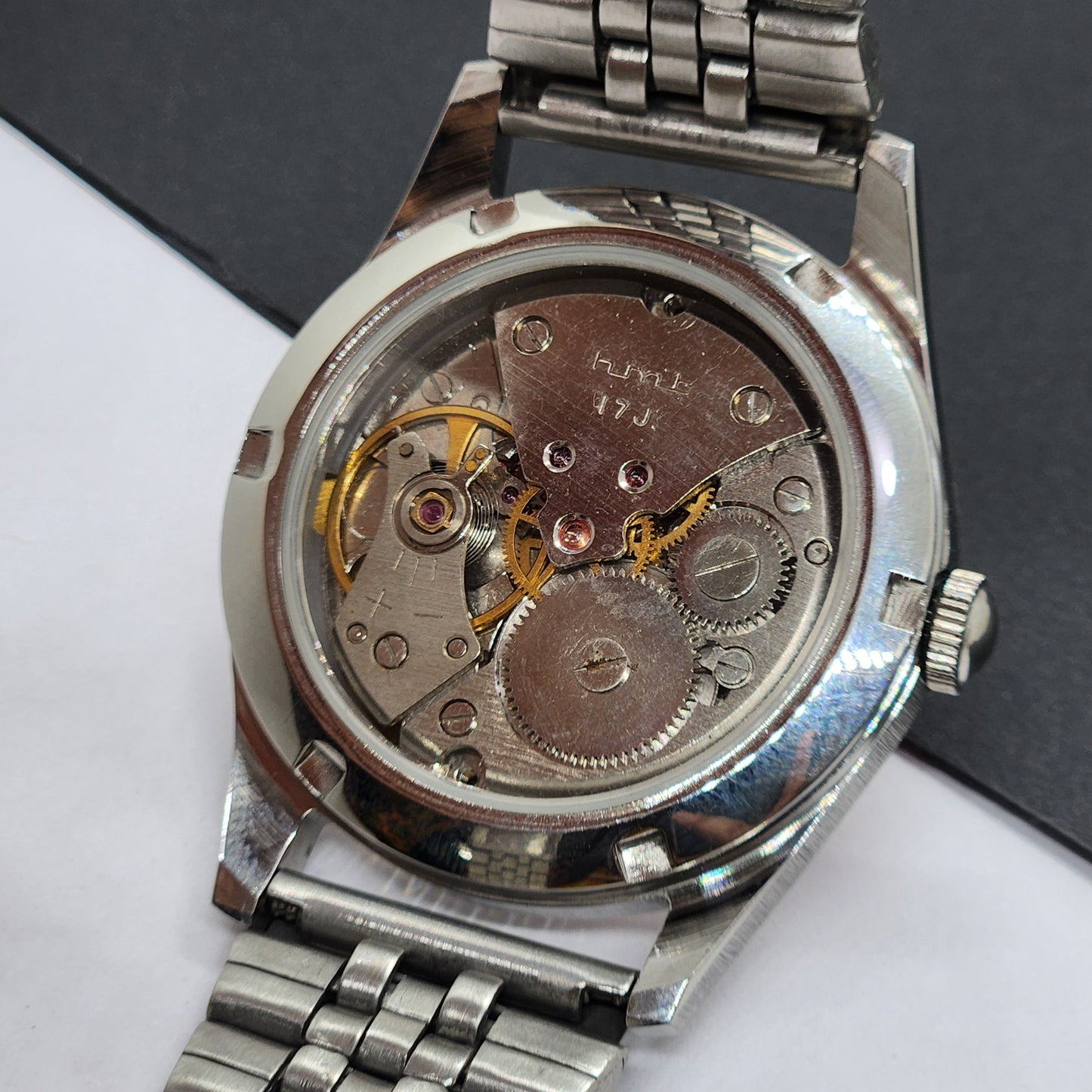 Vintage HMT Pilot Hand Winding 17 Jewels Orange Face Jubilee Bracelet Men's Wrist Watch F55