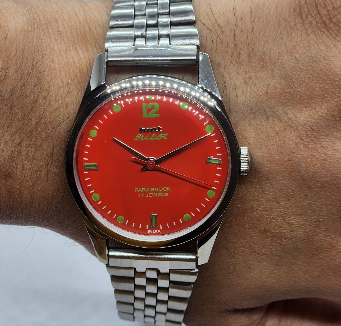 Vintage HMT Pilot Hand Winding 17 Jewels Orange Face Jubilee Bracelet Men's Wrist Watch F55