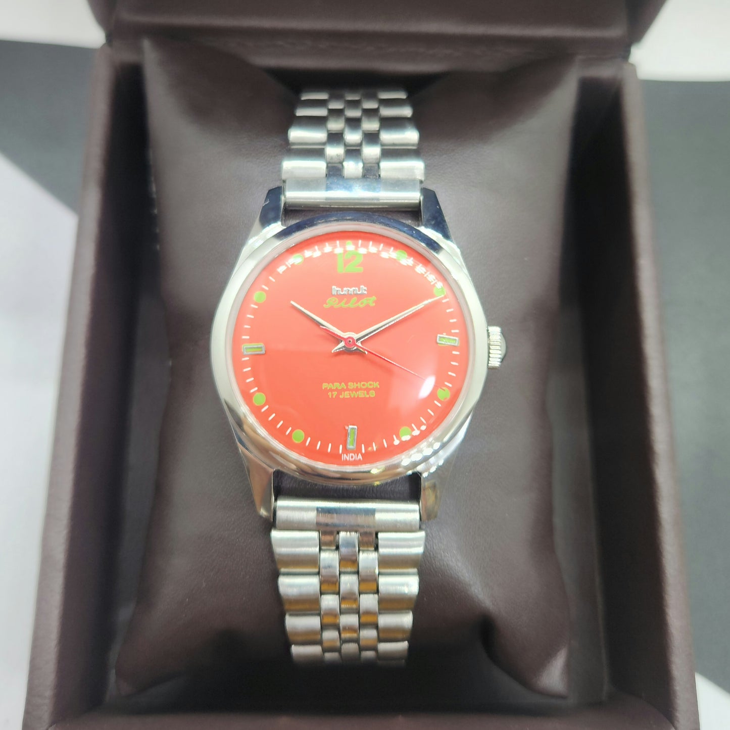 Vintage HMT Pilot Hand Winding 17 Jewels Orange Face Jubilee Bracelet Men's Wrist Watch F55