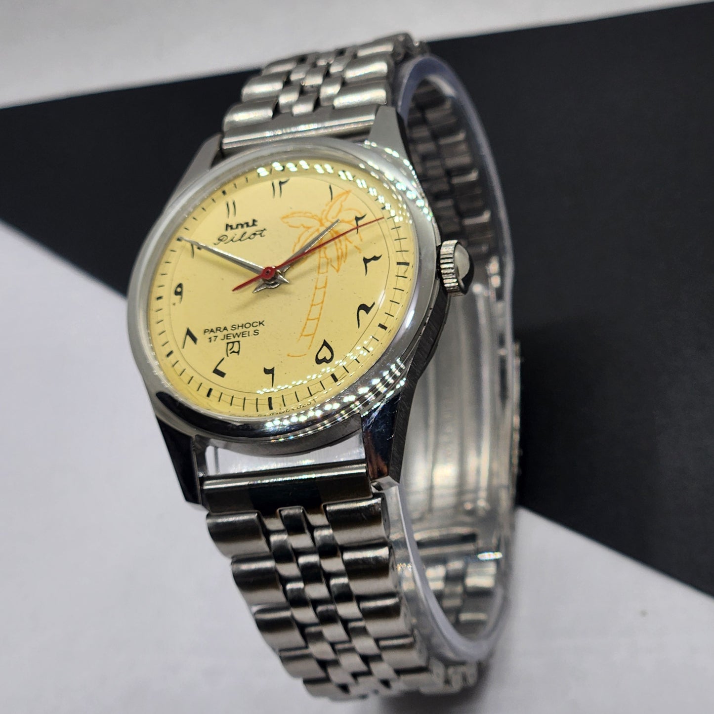 Vintage HMT Pilot Hand Winding 17 Jewels Yellow Face Jubilee Bracelet Men's Wrist Watch F56