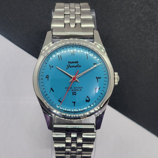 Vintage HMT Janata Hand Winding 17 Jewels Blue Face Jubilee Bracelet Men's Wrist Watch F57