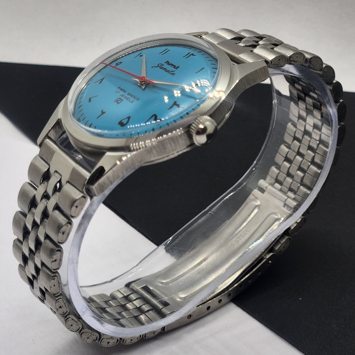 Vintage HMT Janata Hand Winding 17 Jewels Blue Face Jubilee Bracelet Men's Wrist Watch F57