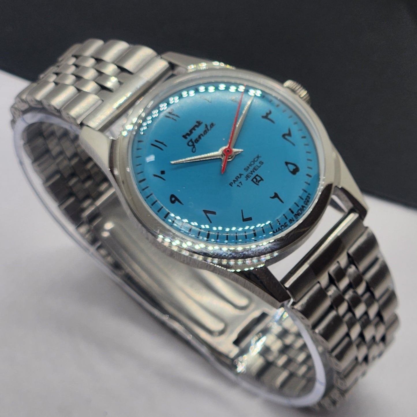 Vintage HMT Janata Hand Winding 17 Jewels Blue Face Jubilee Bracelet Men's Wrist Watch F57