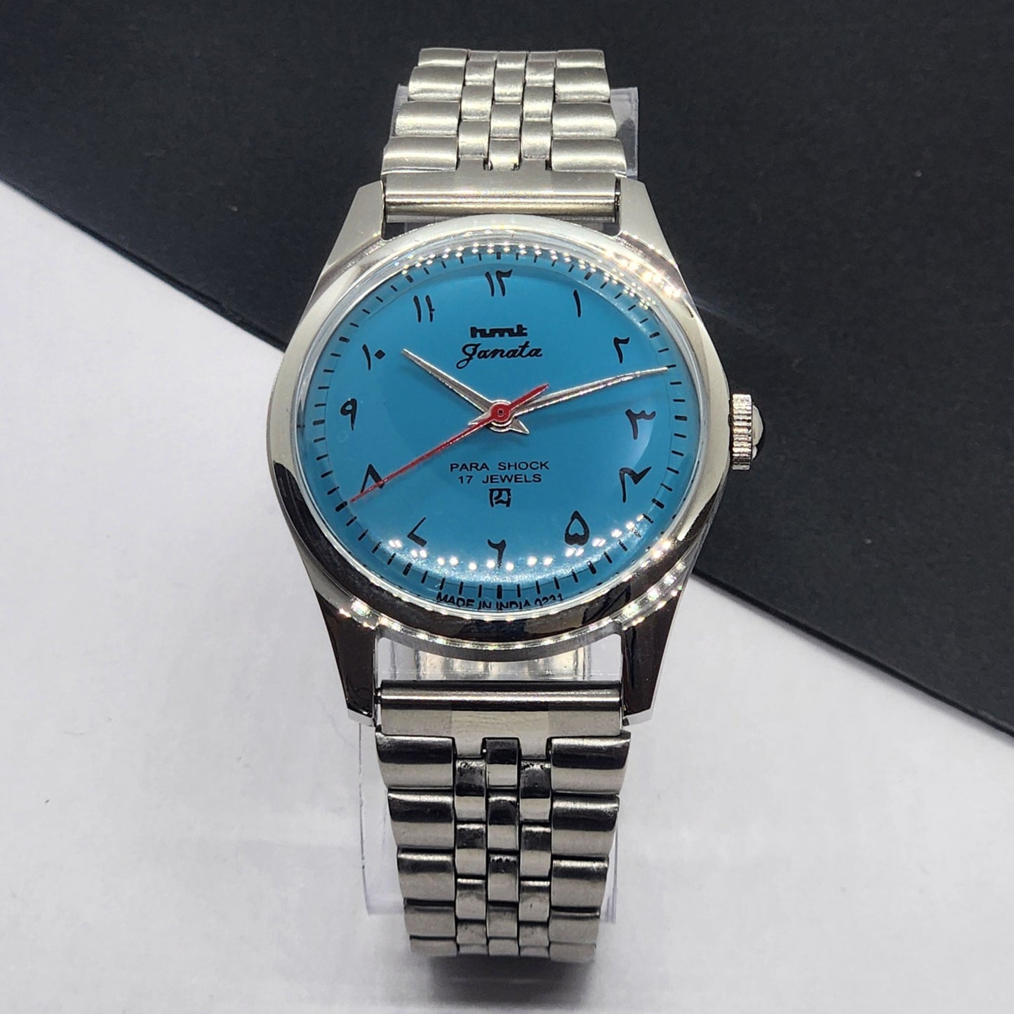 Vintage HMT Janata Hand Winding 17 Jewels Blue Face Jubilee Bracelet Men's Wrist Watch F57