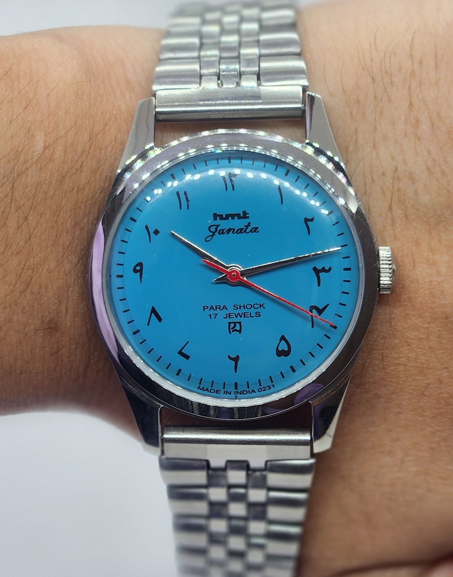 Vintage HMT Janata Hand Winding 17 Jewels Blue Face Jubilee Bracelet Men's Wrist Watch F57