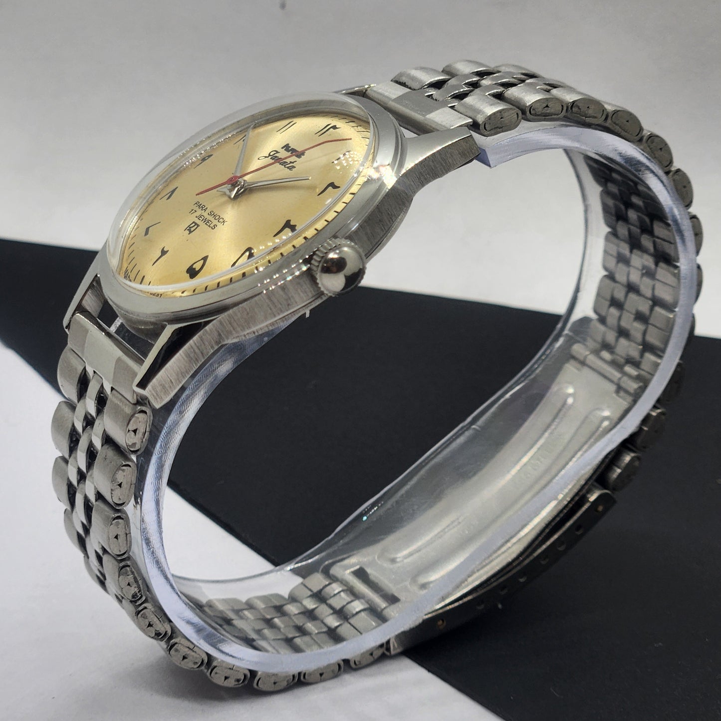 Vintage HMT Janata Urdu Hand Winding 17 Jewels Golden Face Jubilee Bracelet Men's Wrist Watch F59
