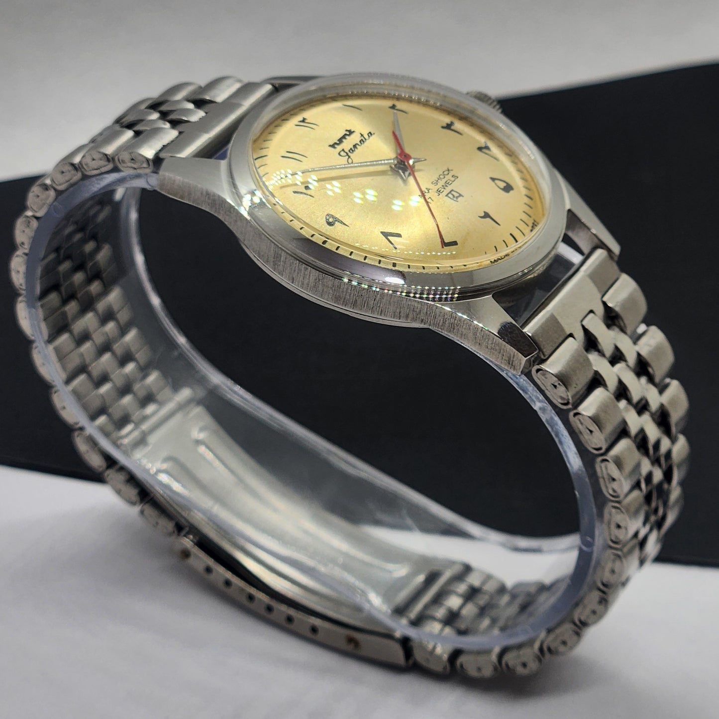 Vintage HMT Janata Urdu Hand Winding 17 Jewels Golden Face Jubilee Bracelet Men's Wrist Watch F59