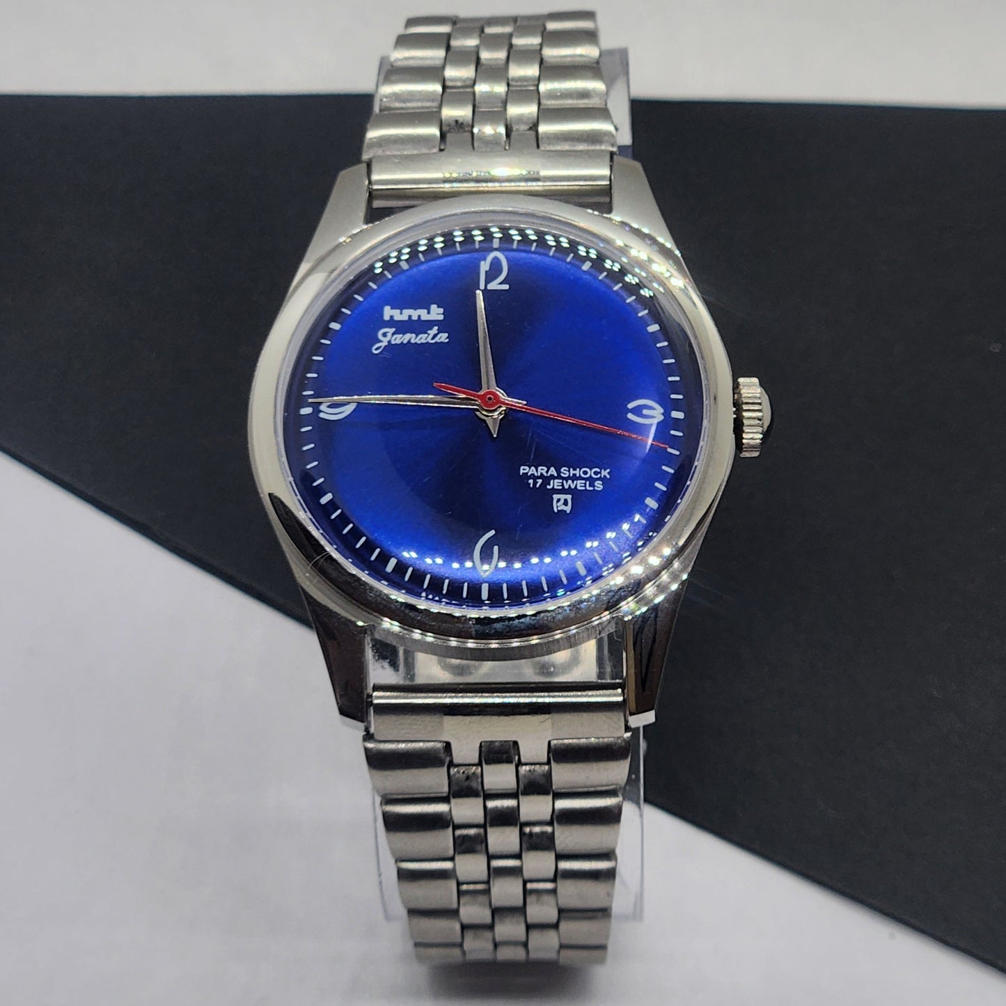 Vintage HMT Janata Hand Winding 17 Jewels Blue Face Jubilee Bracelet Men's Wrist Watch F60