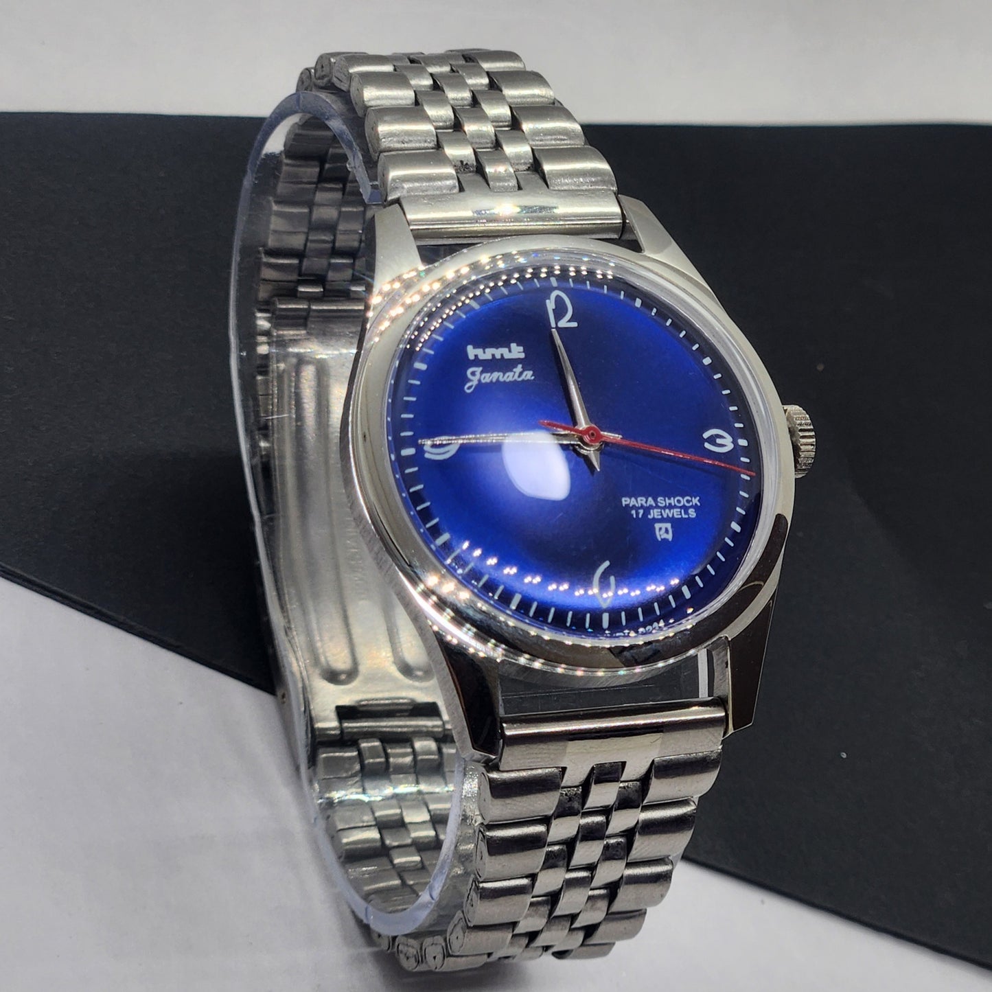 Vintage HMT Janata Hand Winding 17 Jewels Blue Face Jubilee Bracelet Men's Wrist Watch F60