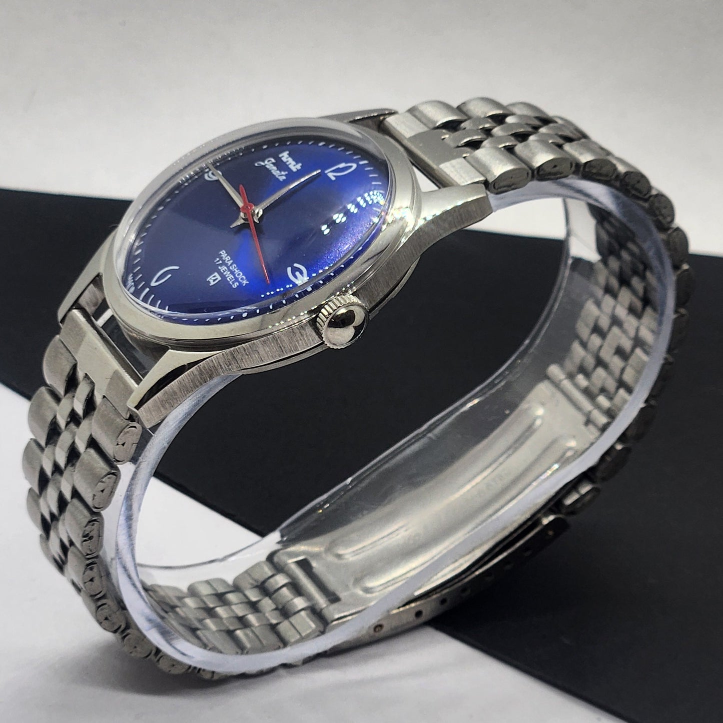 Vintage HMT Janata Hand Winding 17 Jewels Blue Face Jubilee Bracelet Men's Wrist Watch F60