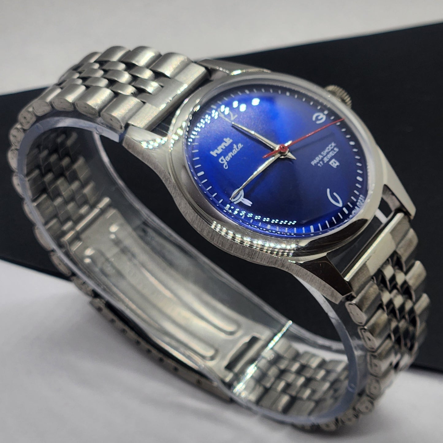 Vintage HMT Janata Hand Winding 17 Jewels Blue Face Jubilee Bracelet Men's Wrist Watch F60