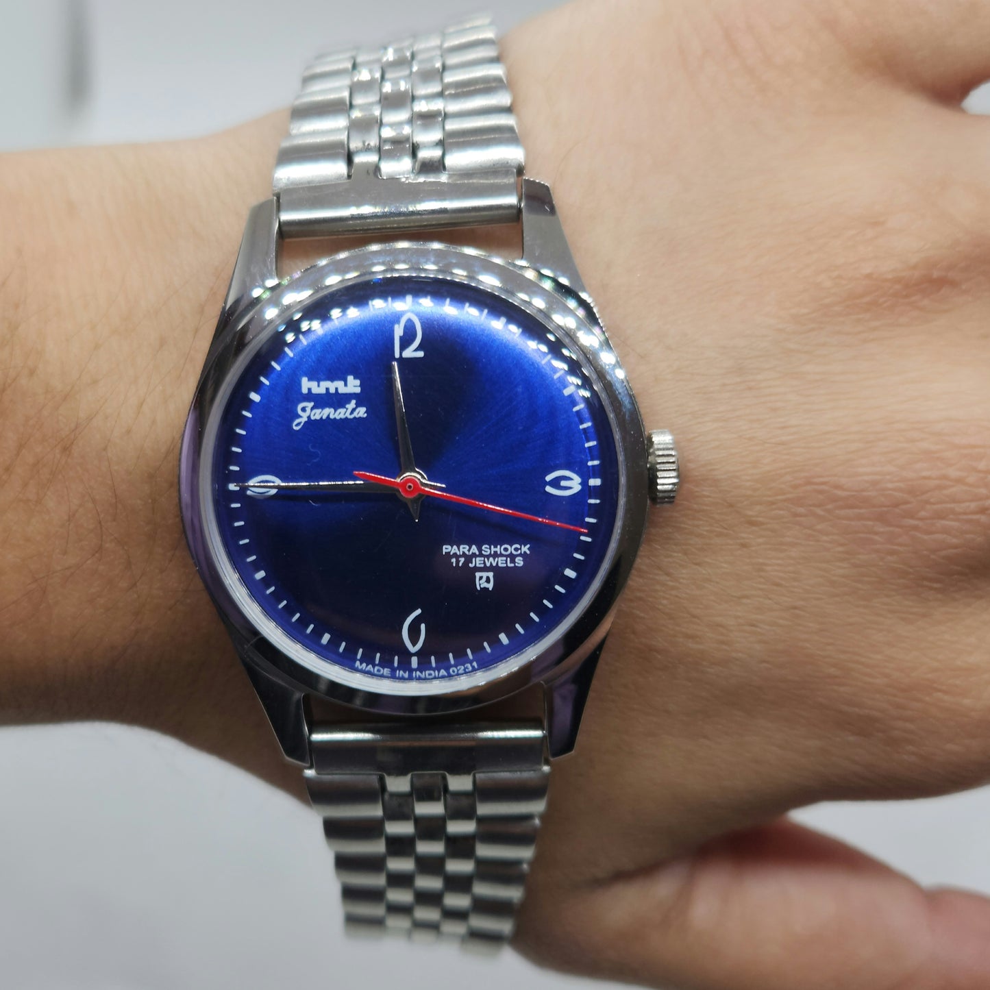 Vintage HMT Janata Hand Winding 17 Jewels Blue Face Jubilee Bracelet Men's Wrist Watch F60