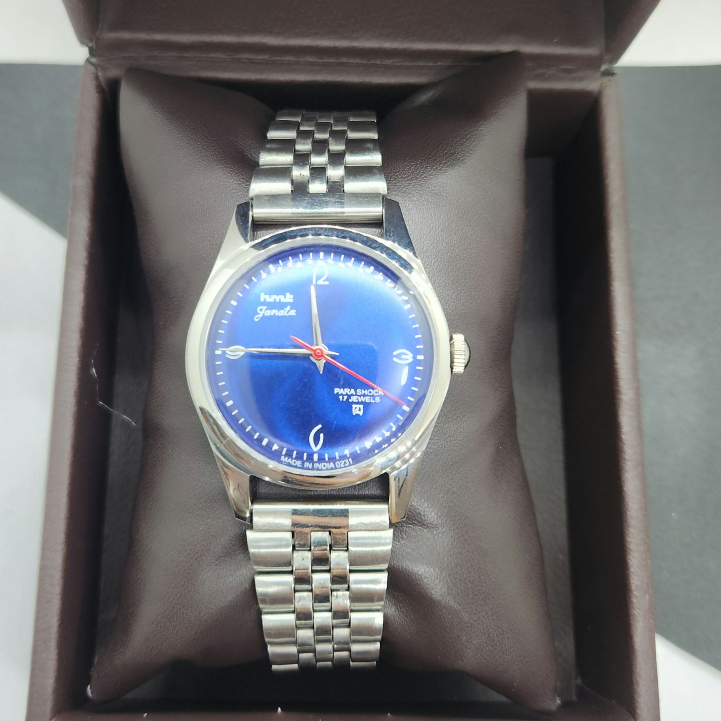 Vintage HMT Janata Hand Winding 17 Jewels Blue Face Jubilee Bracelet Men's Wrist Watch F60