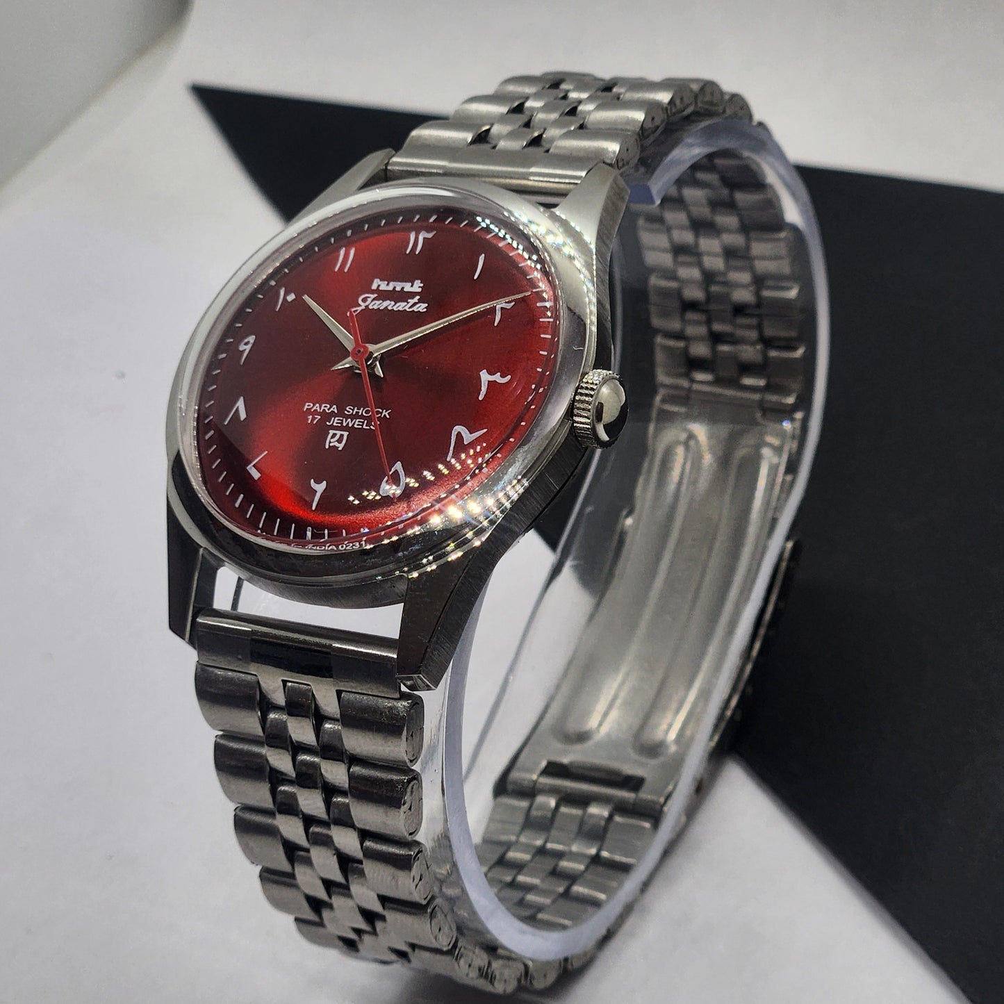 Vintage HMT Janata Urdu Hand Winding 17 Jewels Red Face Jubilee Bracelet Men's Wrist Watch F61