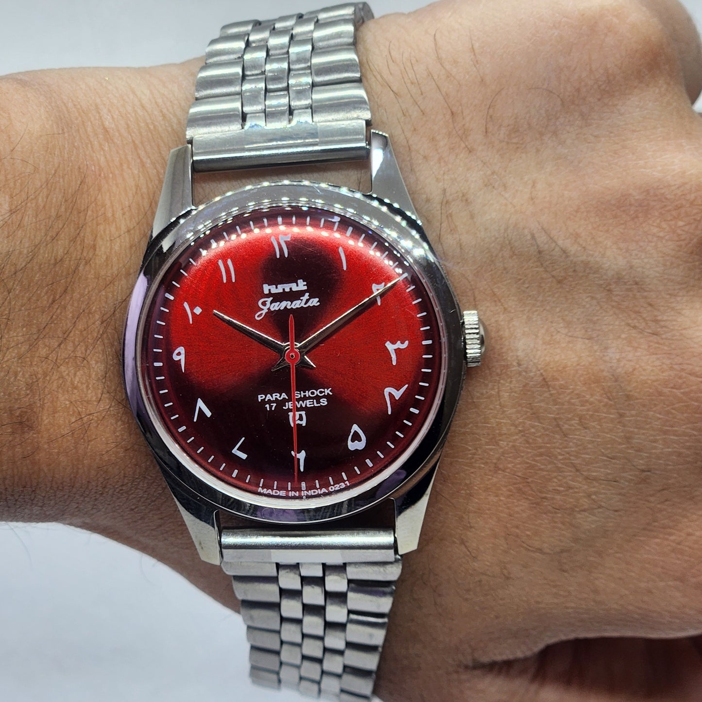 Vintage HMT Janata Urdu Hand Winding 17 Jewels Red Face Jubilee Bracelet Men's Wrist Watch F61