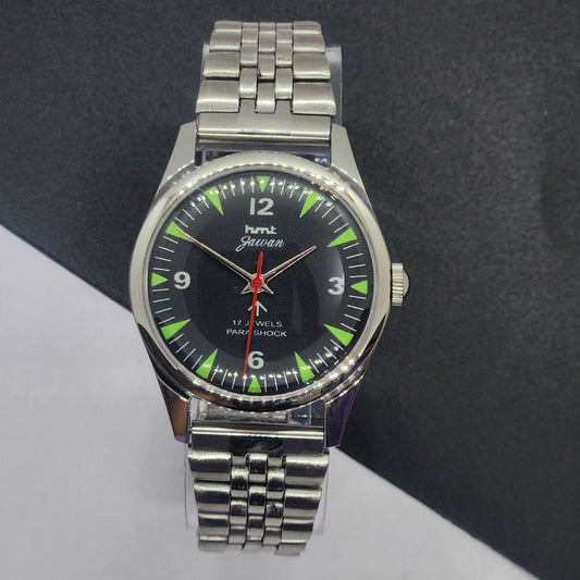 Vintage HMT Jawan Hand Winding 17 Jewels Black Face Jubilee Bracelet Men's Wrist Watch F62