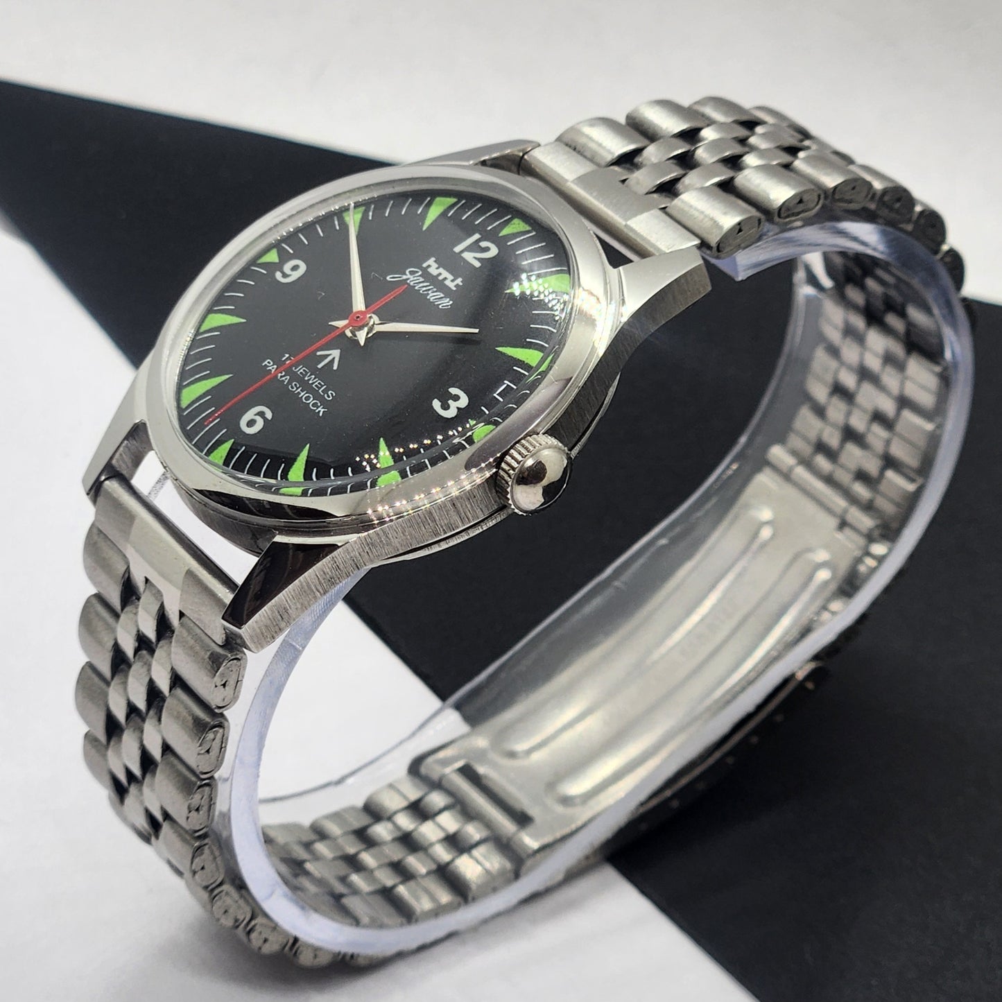 Vintage HMT Jawan Hand Winding 17 Jewels Black Face Jubilee Bracelet Men's Wrist Watch F62