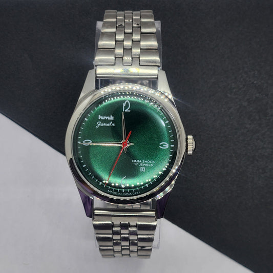 Vintage HMT Janata Hand Winding 17 Jewels Green Face Jubilee Bracelet Men's Wrist Watch F63