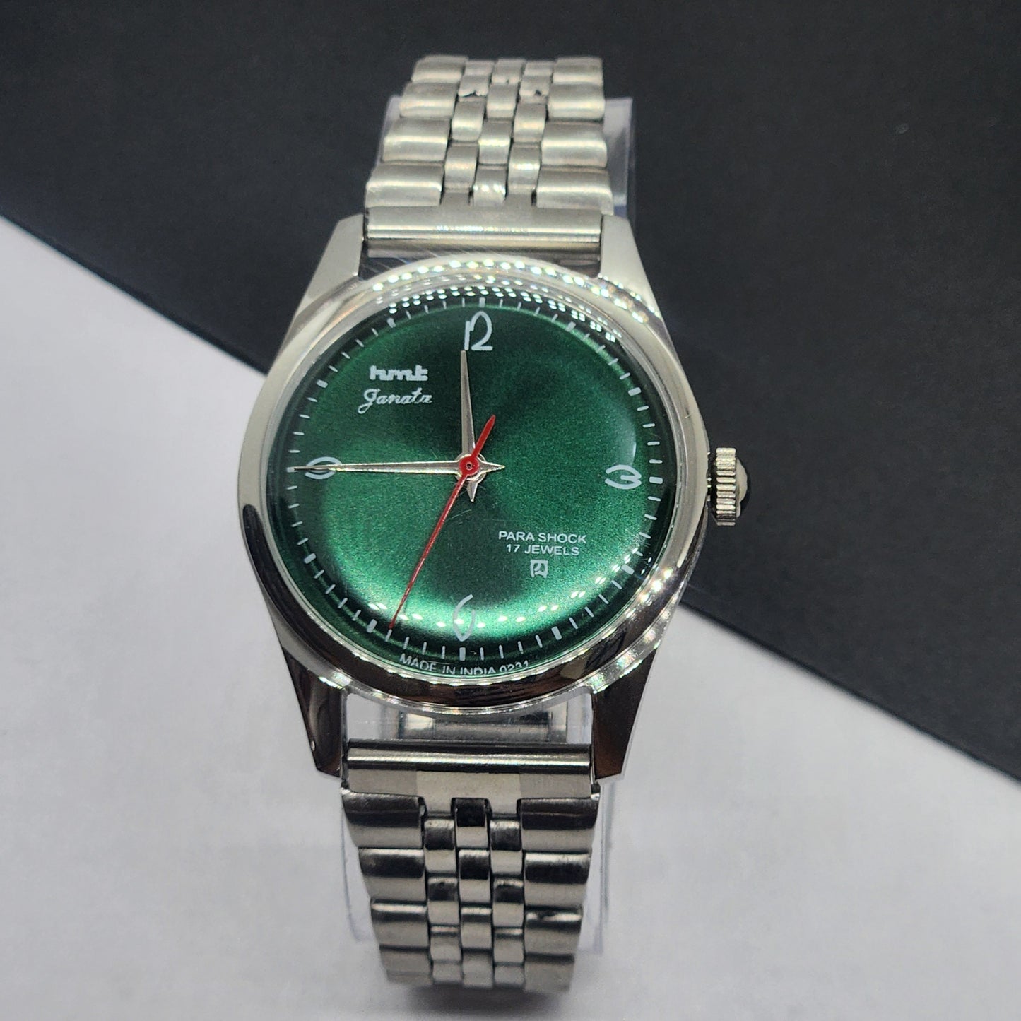 Vintage HMT Janata Hand Winding 17 Jewels Green Face Jubilee Bracelet Men's Wrist Watch F63