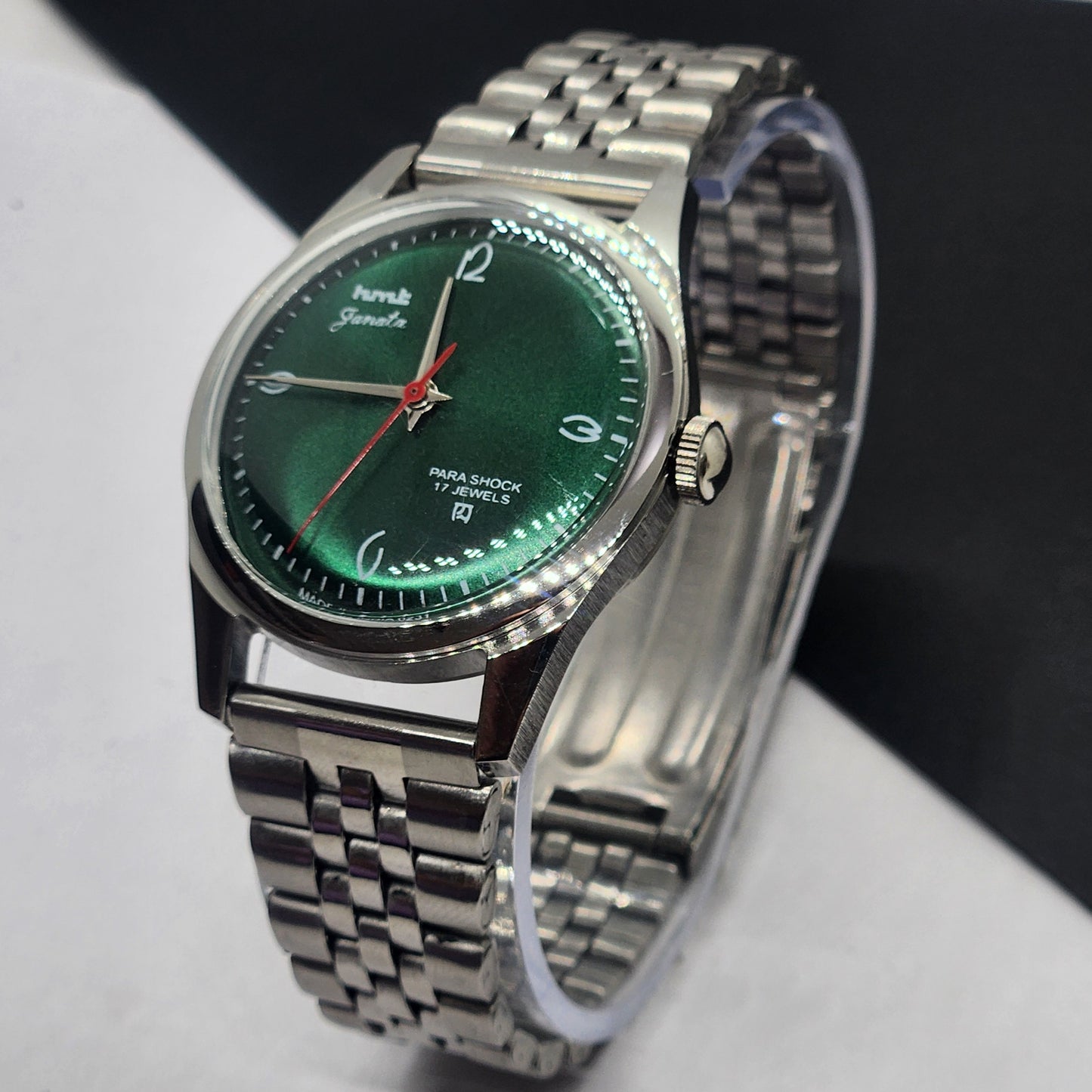 Vintage HMT Janata Hand Winding 17 Jewels Green Face Jubilee Bracelet Men's Wrist Watch F63