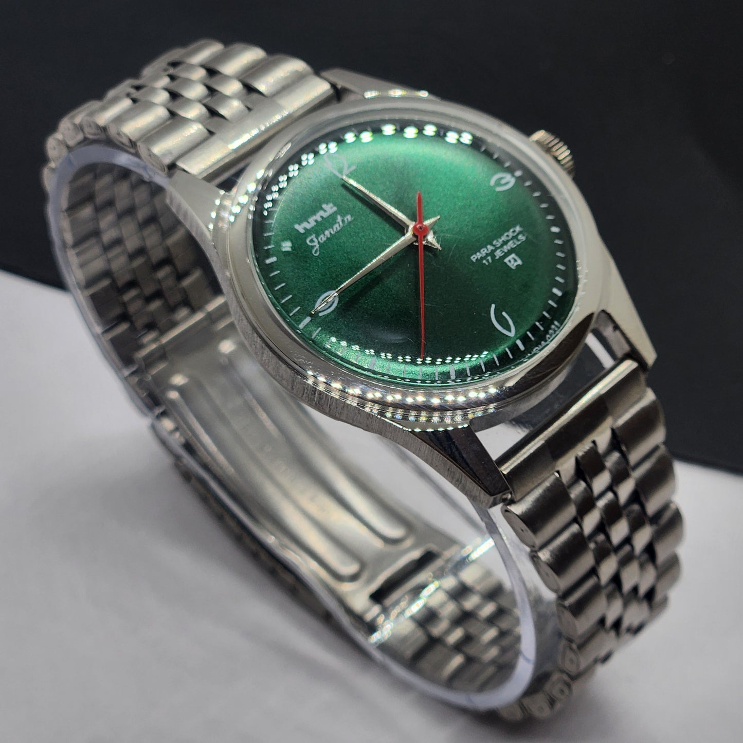 Vintage HMT Janata Hand Winding 17 Jewels Green Face Jubilee Bracelet Men's Wrist Watch F63