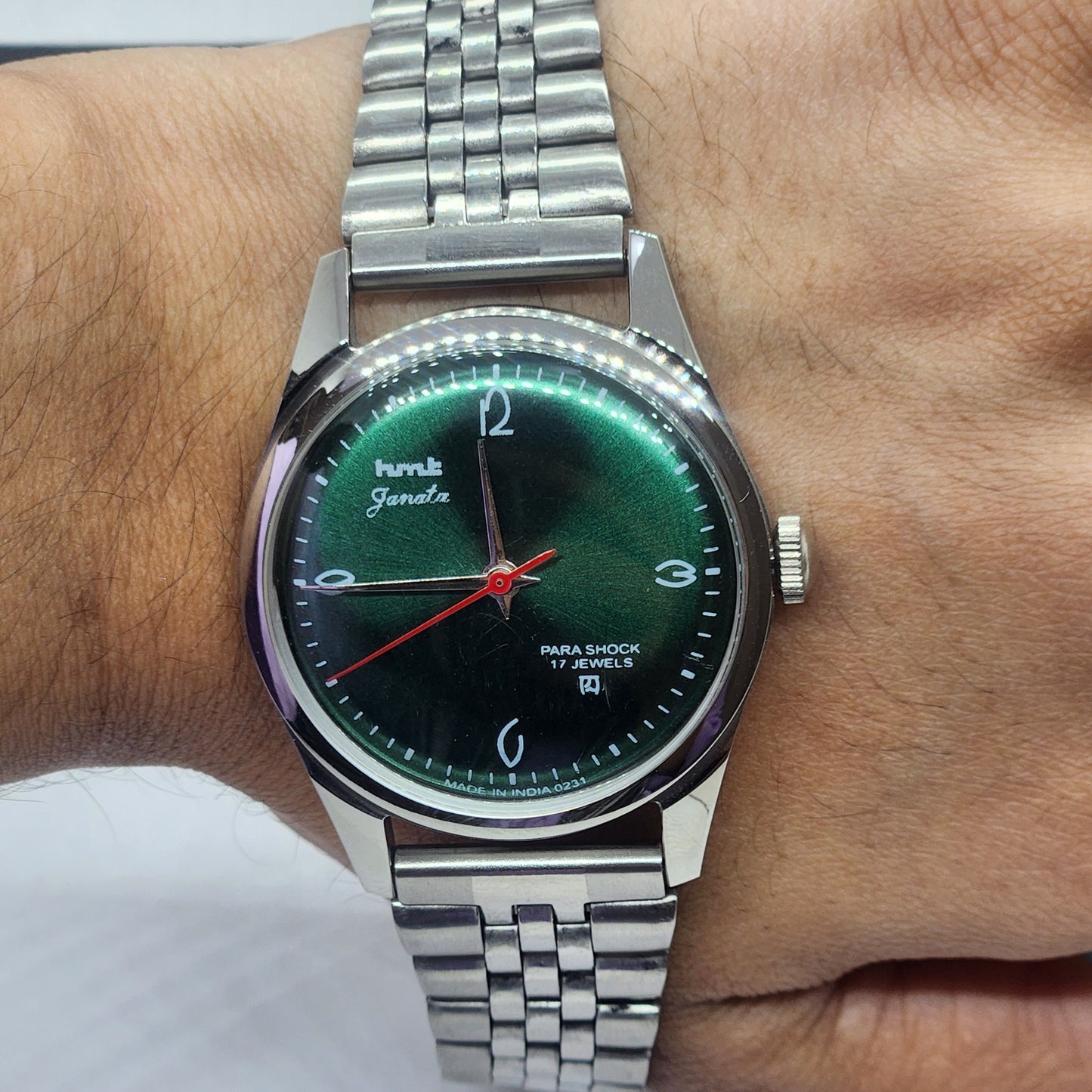 Vintage HMT Janata Hand Winding 17 Jewels Green Face Jubilee Bracelet Men's Wrist Watch F63