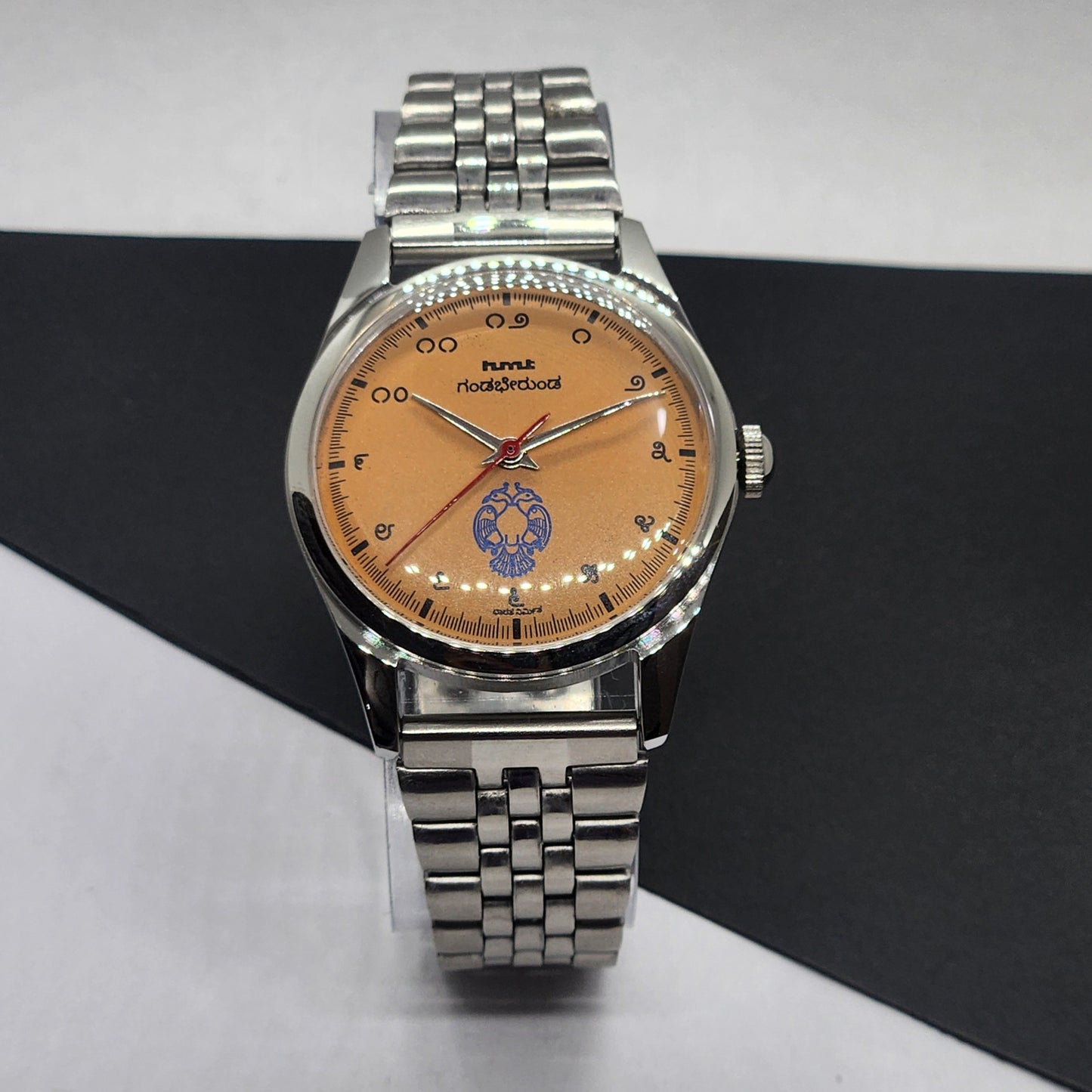 Vintage HMT Gandaberunda Hand Winding 17 Jewels Orange Face Jubilee Bracelet Men's Wrist Watch F69