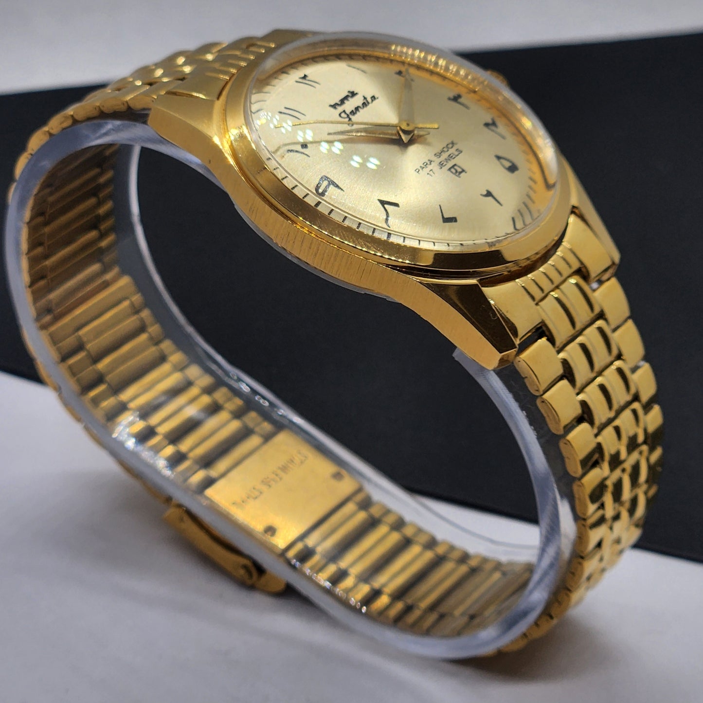 Vintage HMT Janata Urdu Hand Winding 17 Jewels Golden Face 35MM Golden Case Men's Wrist Watch F68