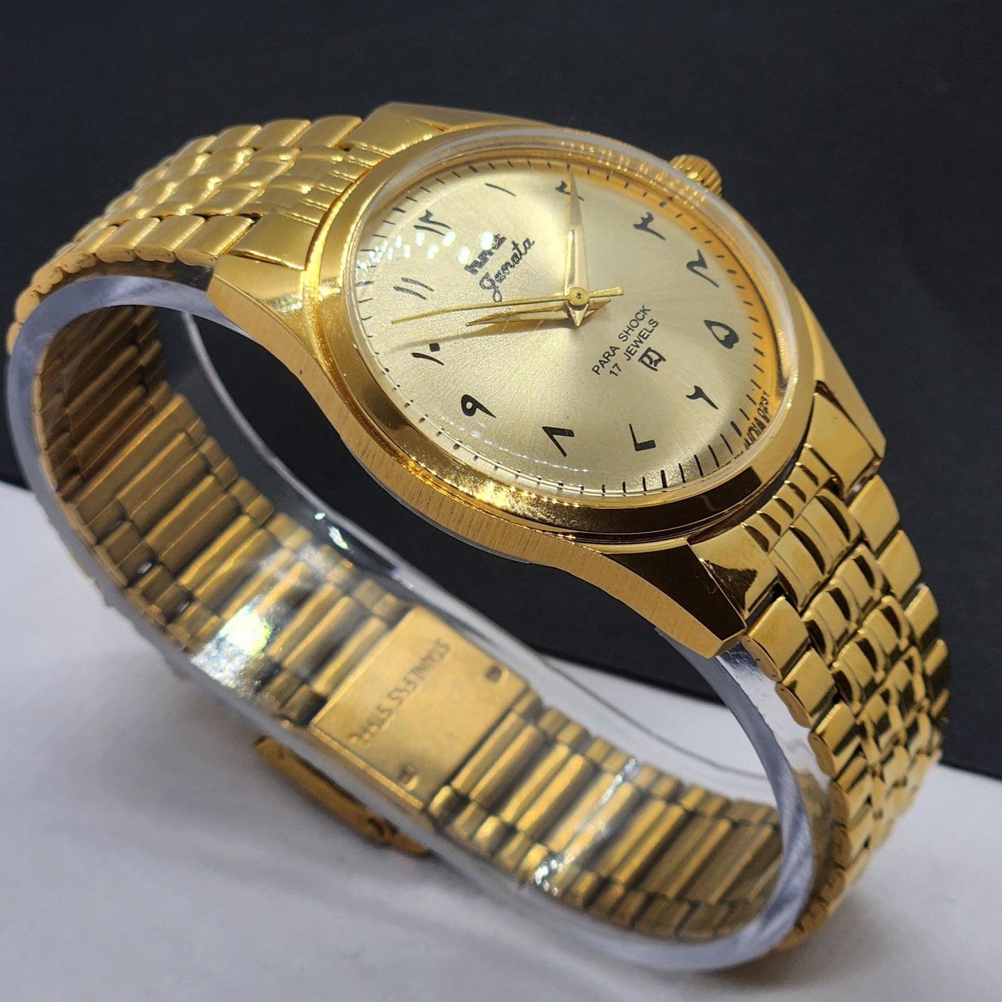 Vintage HMT Janata Urdu Hand Winding 17 Jewels Golden Face 35MM Golden Case Men's Wrist Watch F68