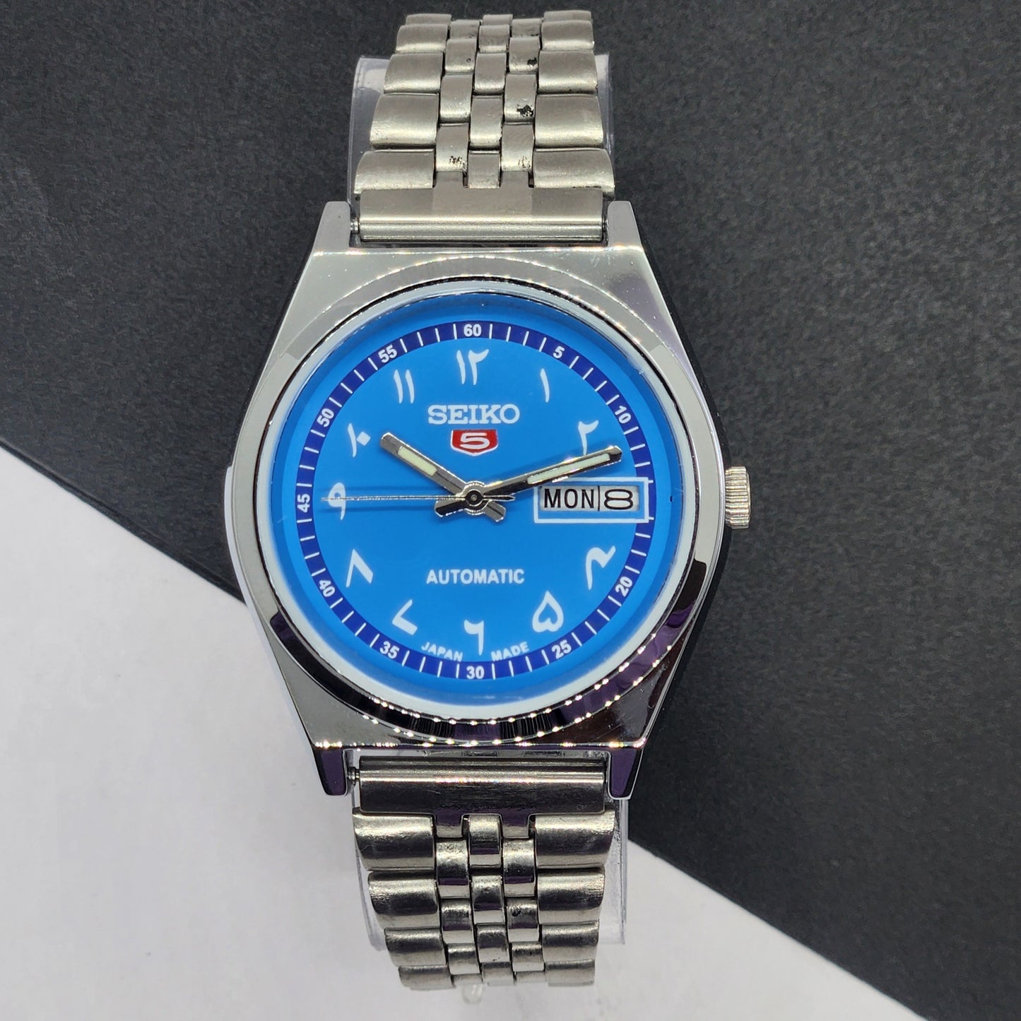 Vintage Mod Seiko 5 Automatic Arabic Blue Face 6309A 17 Jewels Japan Men's Day-Date Wrist Watch F71