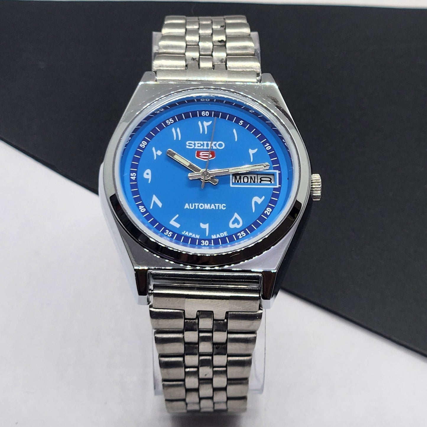 Vintage Mod Seiko 5 Automatic Arabic Blue Face 6309A 17 Jewels Japan Men's Day-Date Wrist Watch F71