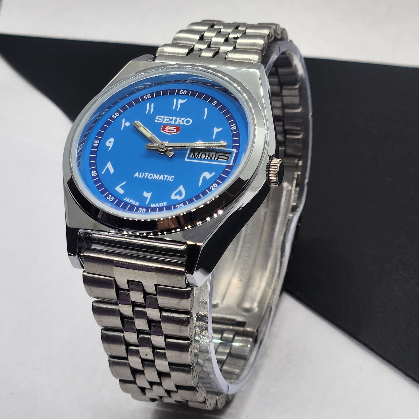 Vintage Mod Seiko 5 Automatic Arabic Blue Face 6309A 17 Jewels Japan Men's Day-Date Wrist Watch F71