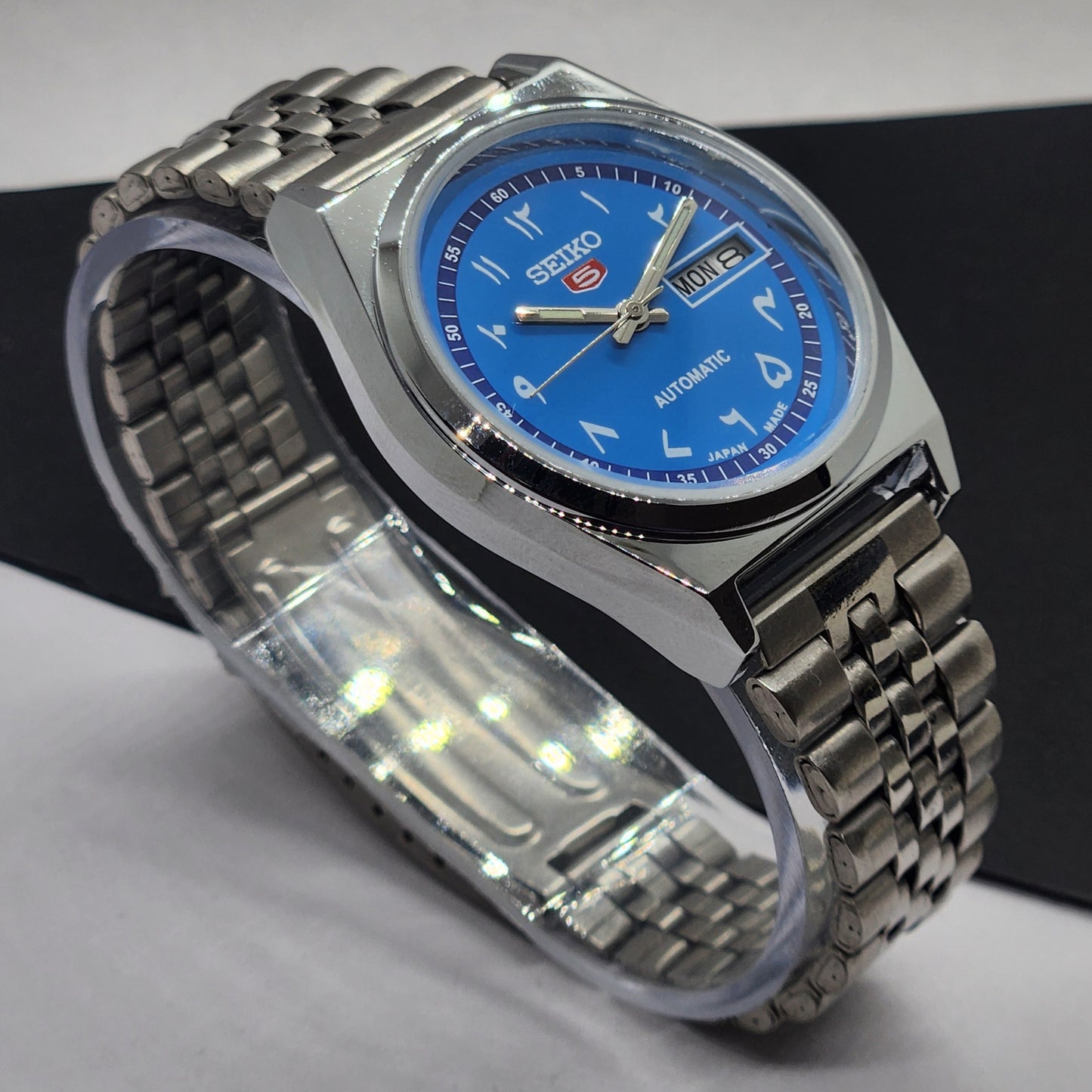 Vintage Mod Seiko 5 Automatic Arabic Blue Face 6309A 17 Jewels Japan Men's Day-Date Wrist Watch F71