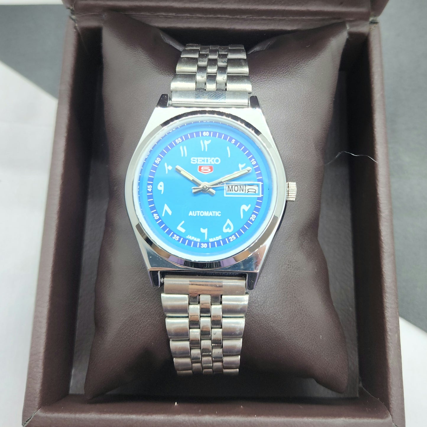 Vintage Mod Seiko 5 Automatic Arabic Blue Face 6309A 17 Jewels Japan Men's Day-Date Wrist Watch F71