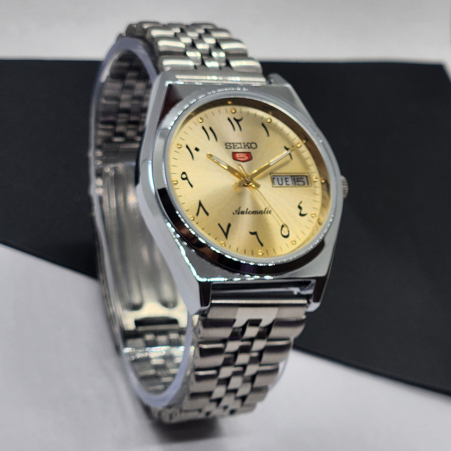 Vintage Mod Seiko 5 Automatic Arabic Golden Face 6309A 17 Jewels Japan Men's Day-Date Wrist Watch F70