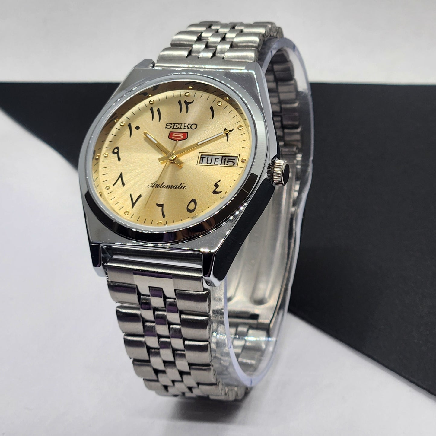 Vintage Mod Seiko 5 Automatic Arabic Golden Face 6309A 17 Jewels Japan Men's Day-Date Wrist Watch F70
