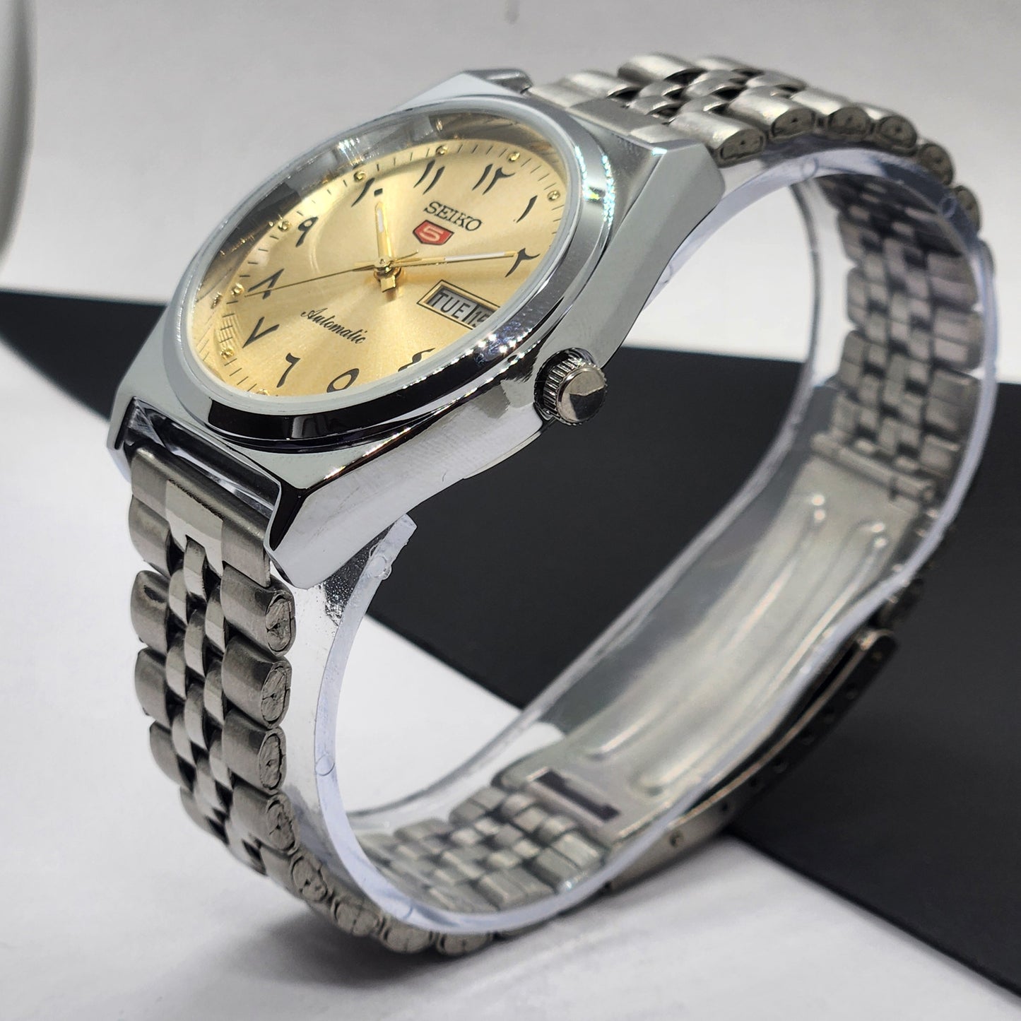 Vintage Mod Seiko 5 Automatic Arabic Golden Face 6309A 17 Jewels Japan Men's Day-Date Wrist Watch F70