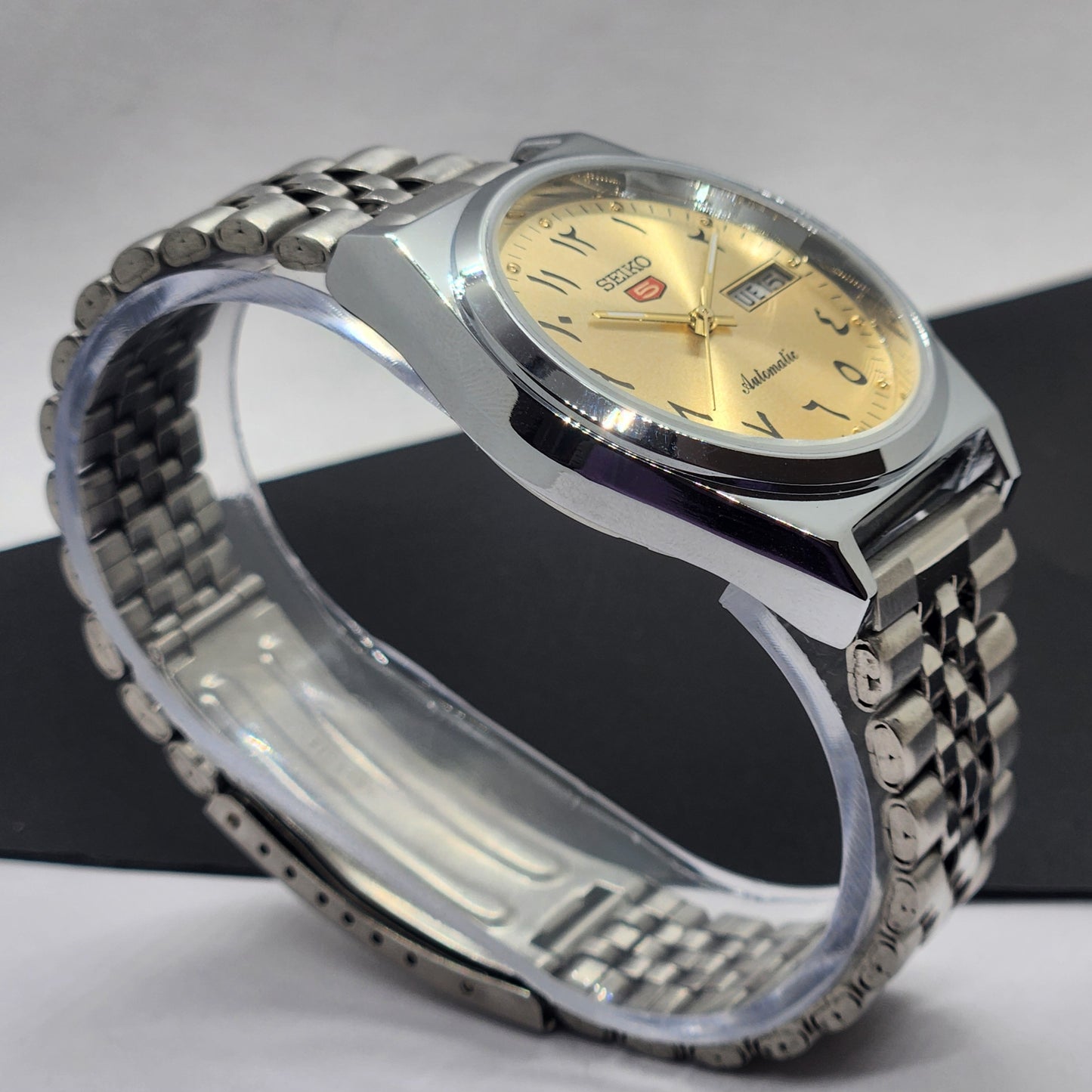 Vintage Mod Seiko 5 Automatic Arabic Golden Face 6309A 17 Jewels Japan Men's Day-Date Wrist Watch F70
